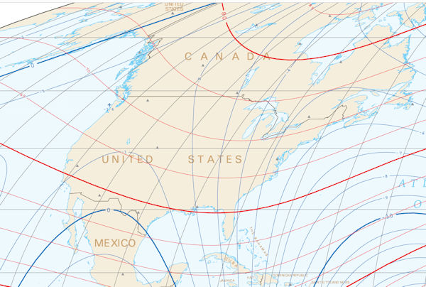 Lines of constant geomagnetic total intensity in North America